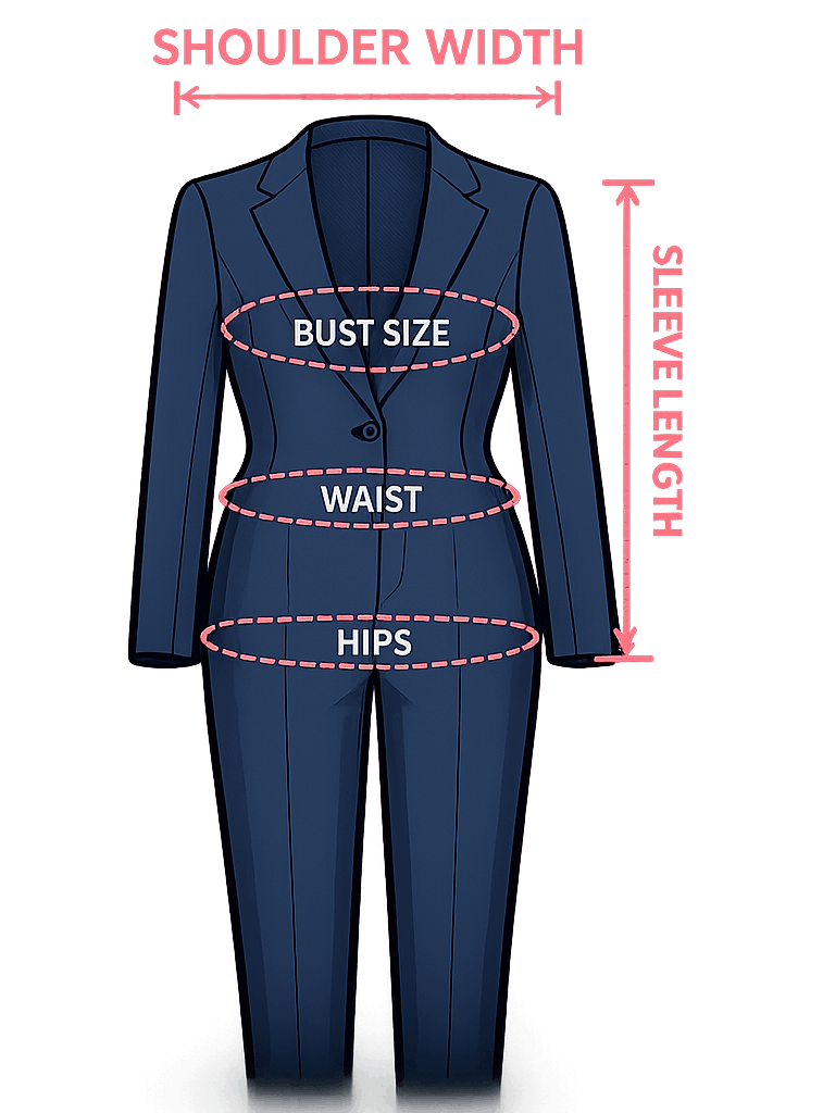 Women's suit measurement diagram showing shoulder width, bust size, waist size, hip size, and sleeve length